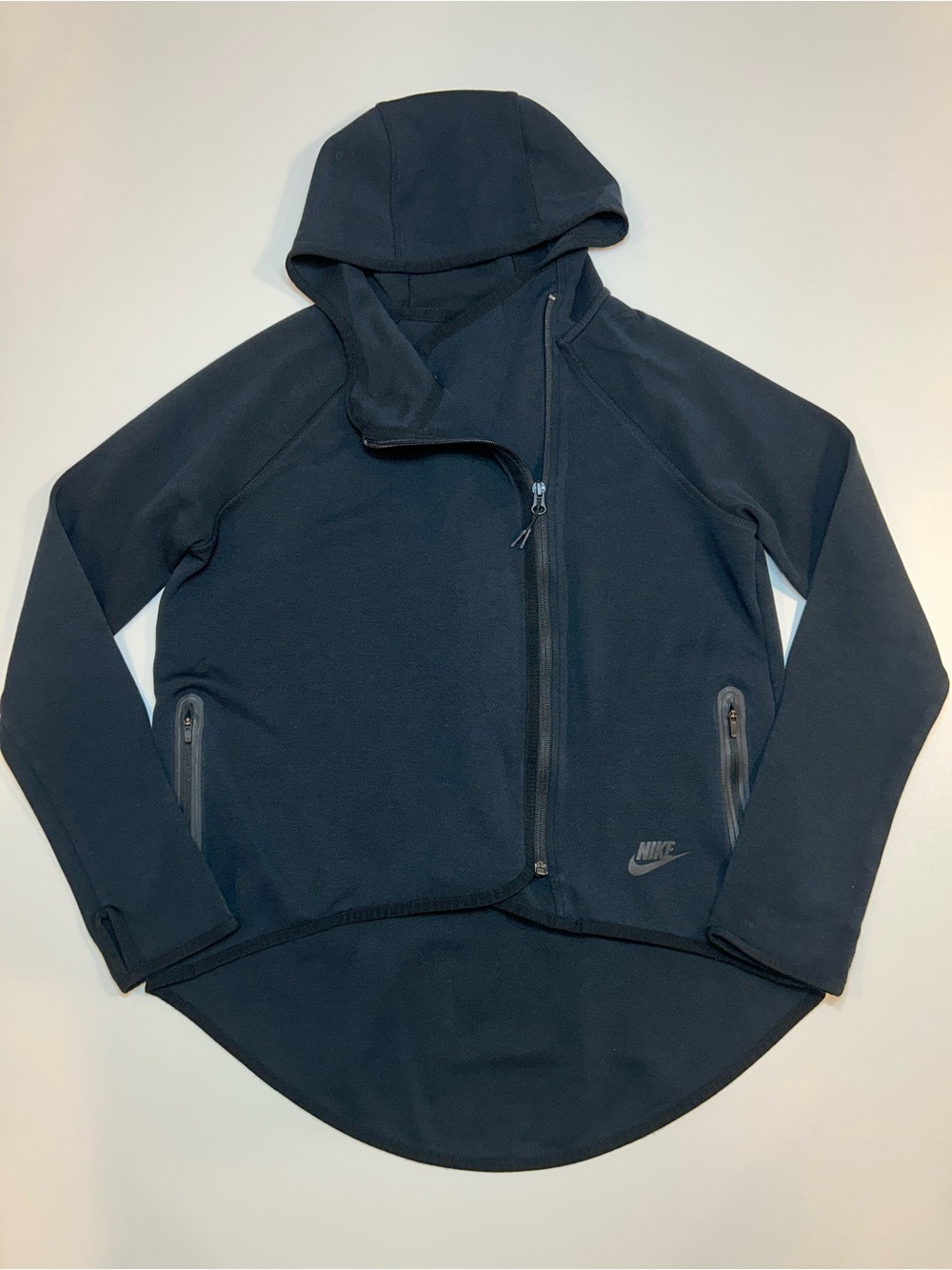 Nike Tech Fleece Asymmetric Full Zip Cape Hoodie Black High Low Jacket